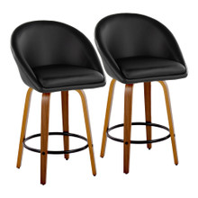 Matisse High Back 26" Contemporary Fixed-Height Counter Stool with Swivel in Walnut Wood and Black Faux Leather with Round Black Metal Footrest- Set of 2 — pair view