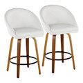 Matisse High Back 26" Contemporary Fixed-Height Counter Stool with Swivel in Walnut Wood and White Faux Leather with Round Black Metal Footrest- Set of 2 — pair view