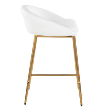 Matisse counter stool in Gold Metal, White PU, side view, featuring upholstered seat