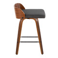 Maya counter stool in Chrome Metal, Walnut Wood, Charcoal Fabric, side view, featuring swivel and wood frame