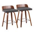 Maya 26" Mid-Century Modern Fixed-Height Counter Stool with Swivel in Walnut Wood and Charcoal Fabric with Square Chrome Metal Footrest- Set of 2 — pair view