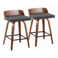 Maya 26" Mid-Century Modern Fixed-Height Counter Stool with Swivel in Walnut Wood and Charcoal Fabric with Square Black Metal Footrest- Set of 2 — pair view