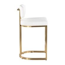 Demi counter stool in Gold Metal, White PU, side view, featuring faux leather design and leather design