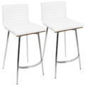 Mason 26" Contemporary Fixed-Height Counter Stool with Swivel in Stainless Steel, Walnut Wood, and White Faux Leather- Set of 2 — pair view