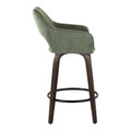 Mustang counter stool in Walnut Glazed Wood, Green Fabric, Black Metal, side view, featuring swivel and wood frame