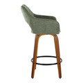 Mustang counter stool in Walnut Wood, Green Fabric, Black Metal, side view, featuring swivel and wood frame