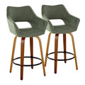 Mustang 26" Contemporary Fixed-Height Counter Stool with Swivel in Walnut Wood and Green Fabric with Round Black Metal Footrest- Set of 2 — pair view