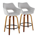 Mustang 26" Contemporary Fixed-Height Counter Stool with Swivel in Walnut Wood and Grey Fabric with Round Black Metal Footrest- Set of 2 — pair view