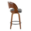 Pino counter stool in Walnut Wood, Grey PU, side view, featuring swivel and upholstered seat