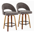 Renee Upholstered 26" Contemporary Fixed-Height Counter Stool in Walnut Wood and Dark Grey Fabric with Round Black Metal Footrest- Set of 2 — pair view