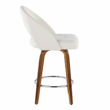 Renee counter stool in Walnut Wood, Cream Fabric, Chrome Metal, side view, featuring swivel and wood frame