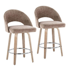 Renee Upholstered 26" Contemporary Fixed-Height Counter Stool with Swivel in Whitewashed Wood and Brown Fabric with Round Chrome Metal Footrest- Set of 2 — pair view