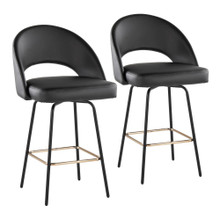 Renee Upholstered 26" Contemporary Fixed-Height Counter Stool with Swivel in Black Metal and Black Faux Leather with Suqare Gold Metal Footrest- Set of 2 — pair view