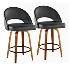 Renee Upholstered 26" Contemporary Fixed-Height Counter Stool in Walnut Wood and Black Faux Leather with Round Black Metal Footrest- Set of 2 — pair view