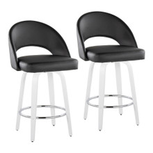 Renee 26" Contemporary Fixed-Height Counter Stool with Swivel in White Wood and Black Faux Leather with Round Chrome Footrest- Set of 2 — pair view
