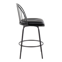 Riley counter stool in Black Metal, Black Wood, Black PU, side view, featuring swivel and upholstered seat