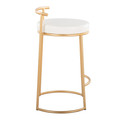 Fuji counter stool in Gold Metal, White PU, side view, featuring upholstered seat