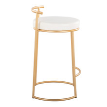 Fuji counter stool in Gold Metal, White PU, side view, featuring upholstered seat