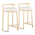 Round Fuji 26" Contemporary Fixed-Height Counter Stool in Gold Metal and White Faux Leather- Set of 2 — pair view
