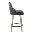 Marcel counter stool in Light Grey Wood, Black PU, Chrome Metal, Black Metal;, side view, featuring swivel and wood frame