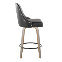 Marcel counter stool in Light Grey Wood, Black PU, Chrome Metal, Black Metal;, side view, featuring swivel and wood frame
