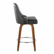 Marcel counter stool in Walnut Wood, Black PU, Chrome Metal, side view, featuring swivel and wood frame