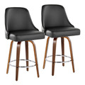 Studded Marcel 26" Transitional Fixed-Height Counter Stool with Swivel in Walnut Wood and Black Faux Leather with Chrome Nailhead Trim and Round Chrome Metal Footrest- Set of 2 — pair view