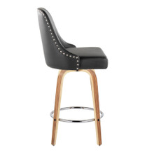 Marcel counter stool in Zebra Wood, Black PU, Chrome Metal, side view, featuring swivel and wood frame
