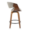 Curvo counter stool in Walnut Wood, Grey PU, Black Metal, side view, featuring swivel and wood frame