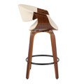Curvo counter stool in Walnut Wood, Cream PU, Black Metal, side view, featuring swivel and wood frame