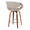Curvo counter stool in Walnut Wood, Grey PU, Chrome Metal, back and side view, featuring swivel and wood frame