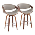 Symphony 26" Mid-Century Modern Fixed-Height Counter Stool with Swivel in Walnut Wood and Grey Faux Leather with Round Chrome Metal Footrest- Set of 2 — pair view