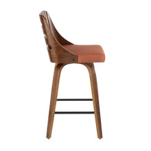 Trevi counter stool in Walnut Wood, Orange Fabric, Black Metal, side view, featuring fabric design