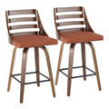 Trevi 26'' Mid-Century Modern Fixed-Height Counter Stool with Swivel in Walnut Wood and Orange Fabric with Square Black Metal Footrest- Set of 2 — pair view