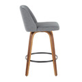 Tintori counter stool in Walnut Wood, Grey Fabric, Black Metal, side view, featuring metal footrest