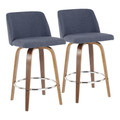 Toriano Mid-Century Modern Counter Stool in Walnut and Blue Fabric- Set of 2 — pair view