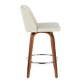 Tintori counter stool in Walnut Wood, Cream Fabric, Chrome, side view, featuring metal footrest
