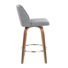 Tintori counter stool in Walnut Wood, Grey Fabric, Chrome, side view, featuring metal footrest