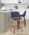 Tintori counter stool in Walnut Wood, Blue Fabric, Black Metal