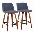 Toriano Mid-Century Modern Counter Stool in Walnut and Blue Fabric- Set of 2 — pair view