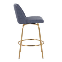 Tintori counter stool in Blue Fabric, Gold Metal, side view, featuring swivel