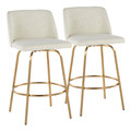 Toriano 26" Contemporary Fixed-Height Counter Stool with Swivel in Cream Fabric and Gold Metal with Round Footrest- Set of 2 — pair view