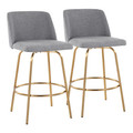 Toriano 26" Contemporary Fixed-Height Counter Stool with Swivel in Grey Fabric and Gold Metal with Round Footrest- Set of 2 — pair view
