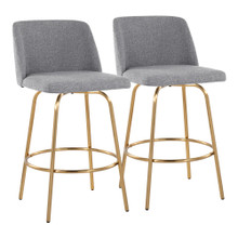 Toriano 26" Contemporary Fixed-Height Counter Stool with Swivel in Grey Fabric and Gold Metal with Round Footrest- Set of 2 — pair view