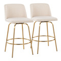 Toriano 26" Contemporary Fixed-Height Counter Stool with Swivel in Cream Noise Fabric and Gold Metal with Round Footrest- Set of 2 — pair view