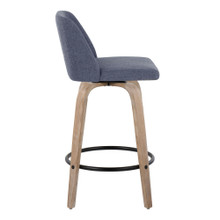 Tintori counter stool in Whitewashed Wood, Blue Fabric, Black Metal, side view, featuring swivel and wood frame