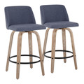 Toriano 26" Contemporary Fixed-Height Counter Stool with Swivel in Whitewashed Wood and Blue Fabric with Round Black Metal Footrest- Set of 2 — pair view