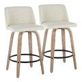 Toriano 26" Contemporary Fixed-Height Counter Stool with Swivel in Whitewashed Wood and Cream Fabric with Round Black Metal Footrest- Set of 2 — pair view