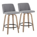 Toriano 26" Contemporary Fixed-Height Counter Stool with Swivel in Whitewashed Wood and Grey Fabric with Round Black Metal Footrest- Set of 2 — pair view