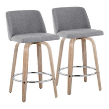 Toriano 26" Contemporary Fixed-Height Counter Stool with Swivel in Whitewashed Wood and Grey Fabric with Round Chrome Metal Footrest- Set of 2 — pair view
